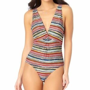 Anne Cole Swimsuit Women's 10 One Piece Rainbow Stripe V Neck Twist Front New
